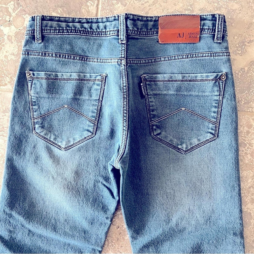 Emporio Armani Blue Jeans w/Leather Patch, Size 32