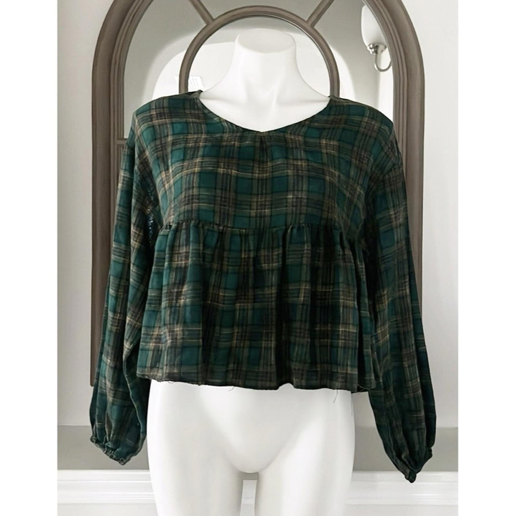Chelsea & Violet Plaid Peplum Cropped Top in Olive, Size XS New w/Tag