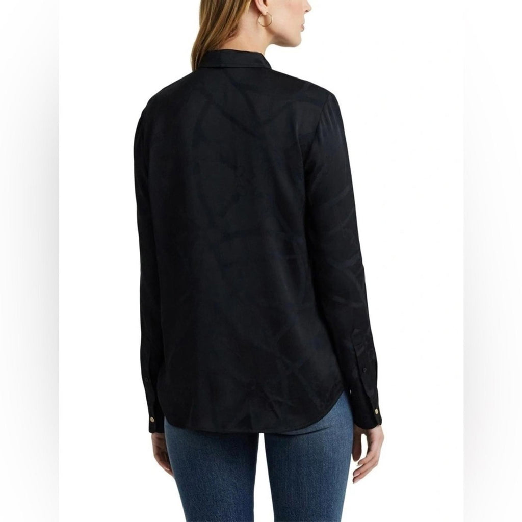 Lauren Ralph Lauren Belting-Motif Jacquard Tie-Neck Shirt Black Size XS NEW wTag