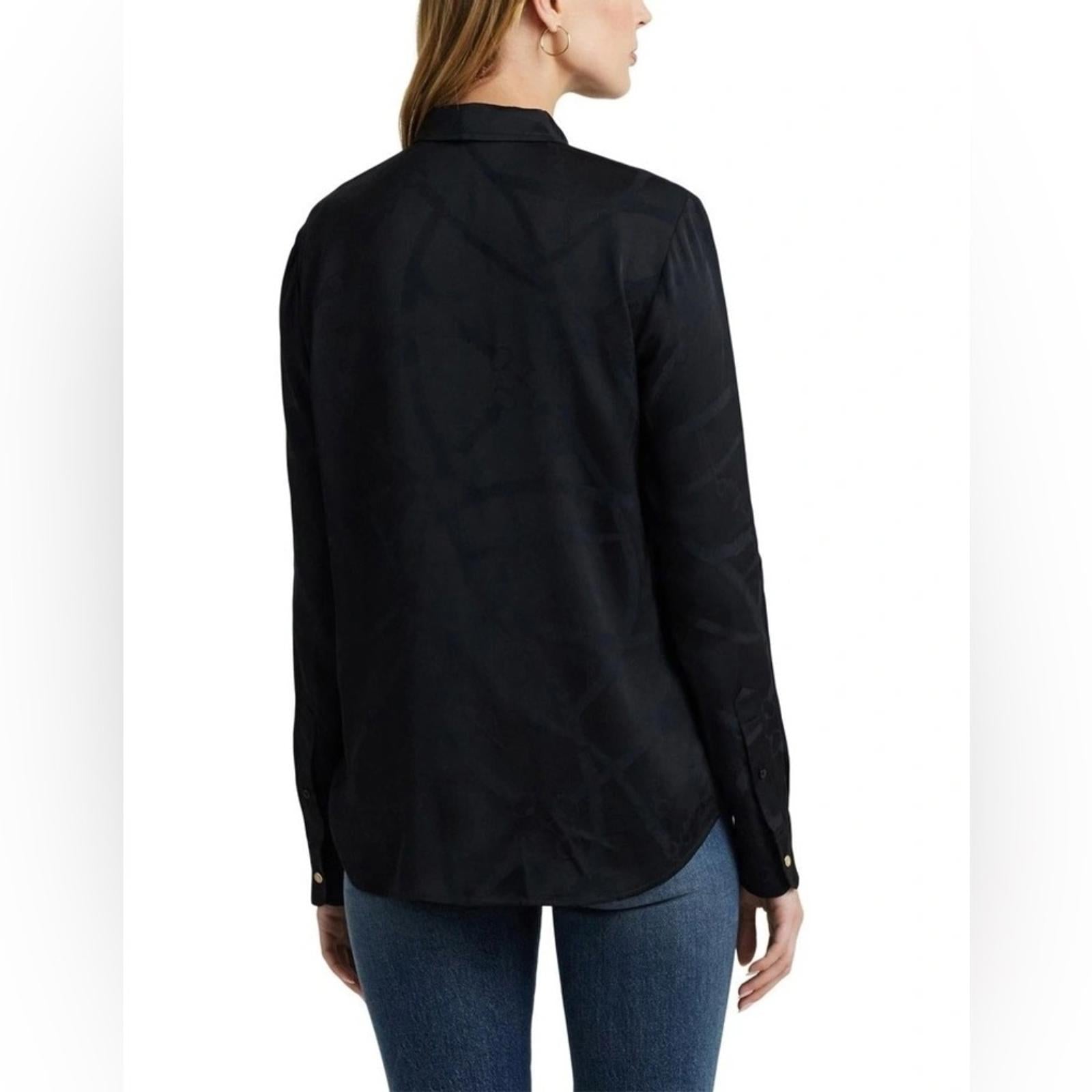 Lauren Ralph Lauren Belting-Motif Jacquard Tie-Neck Shirt Black Size XS NEW wTag