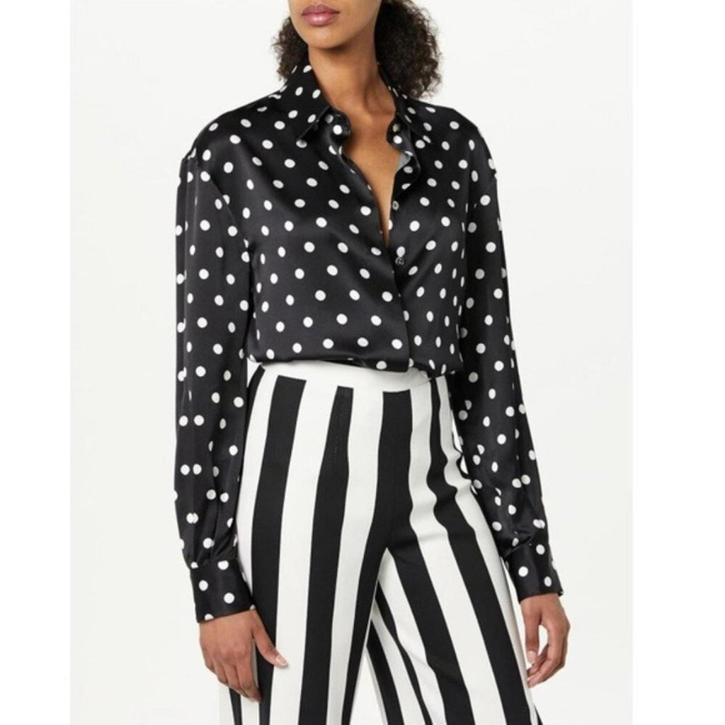 Sergio Hudson Polka Dot Silk Charmeuse Button-Up Blouse, Black/White XS NWT $795