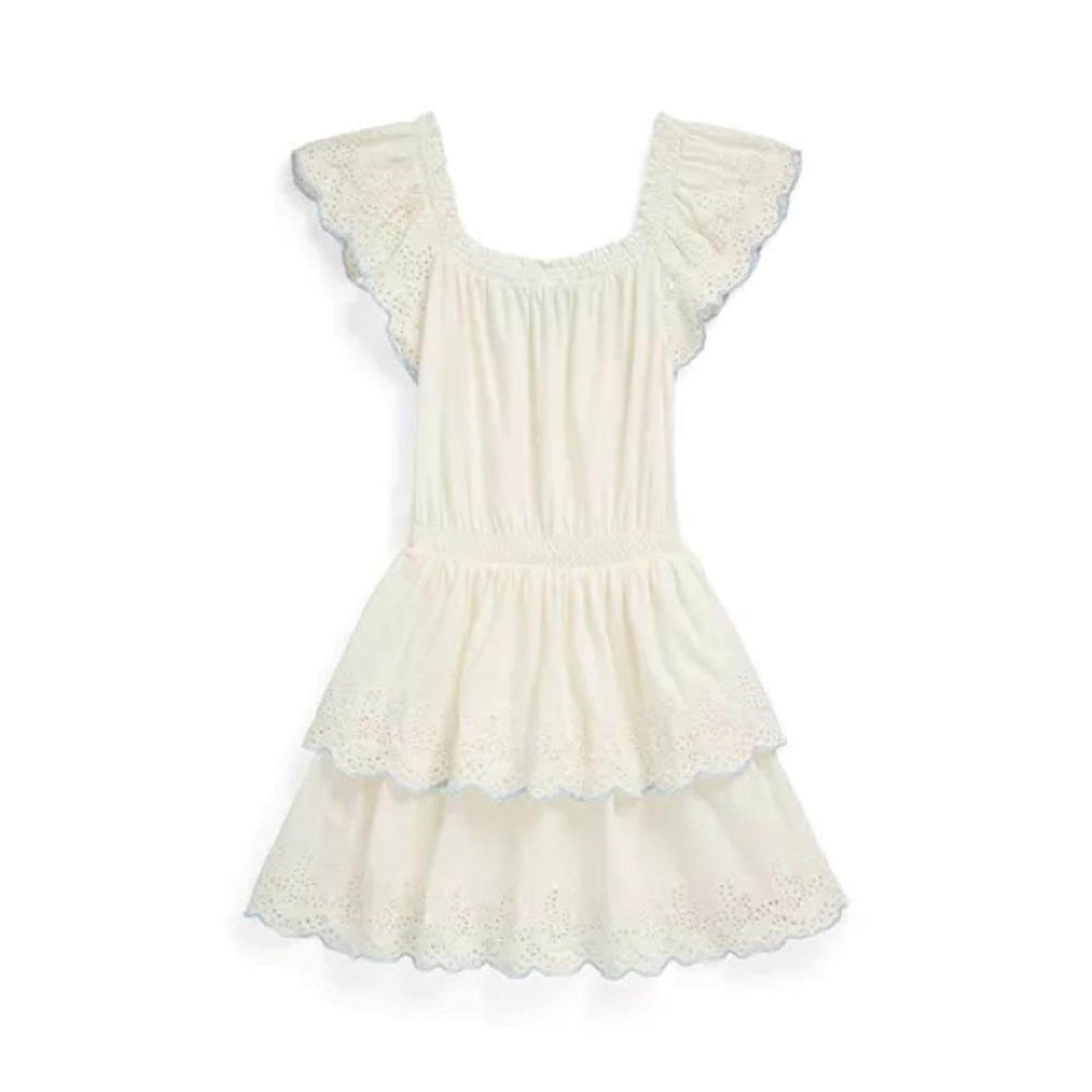 Polo Ralph Lauren Eyelet Tiered Jersey Fit & Flare Dress White Size 16 New w/Tag