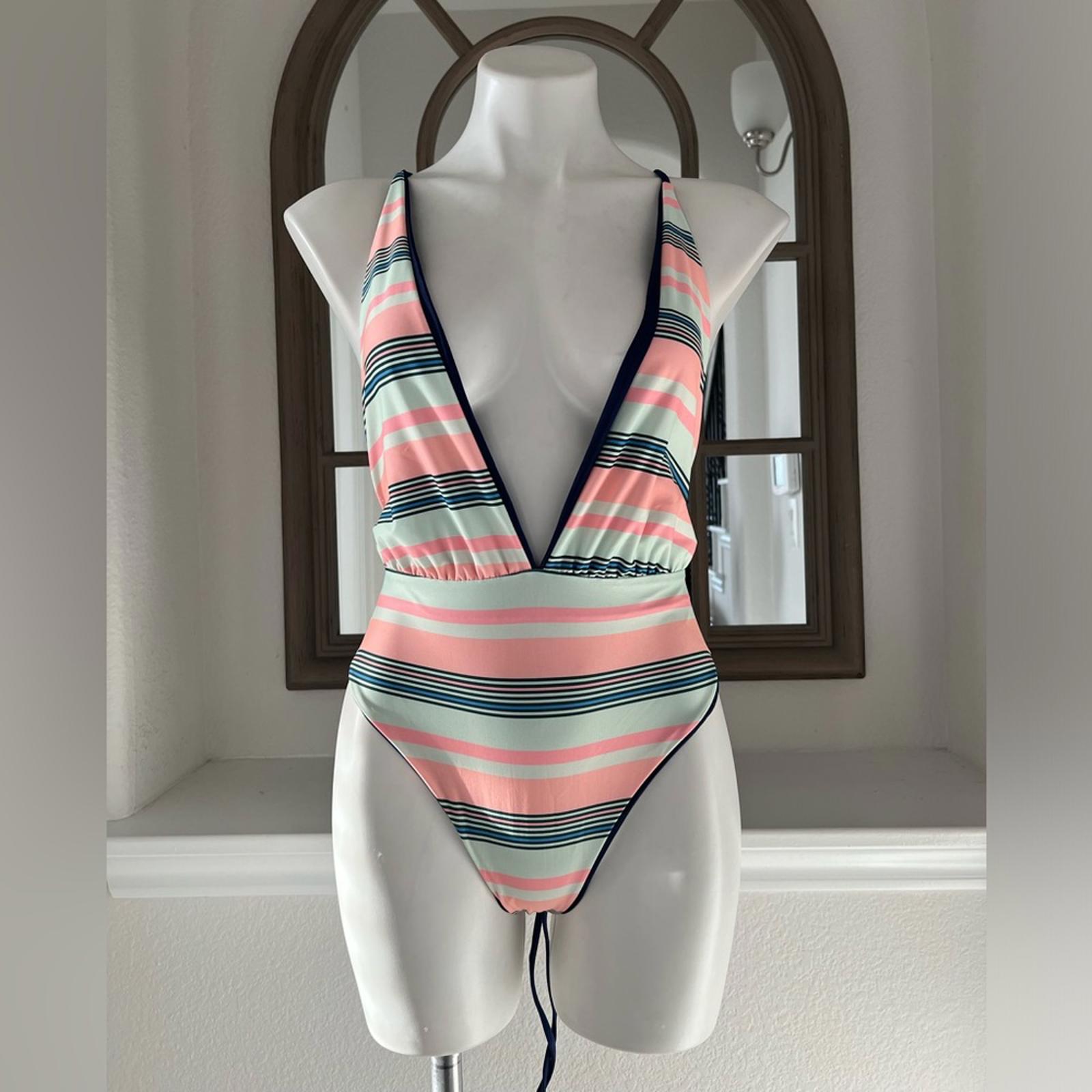 Maaji Safari Reversible Plunge One-Piece Swimsuit Stripe/Solid, Blue New w/Tag