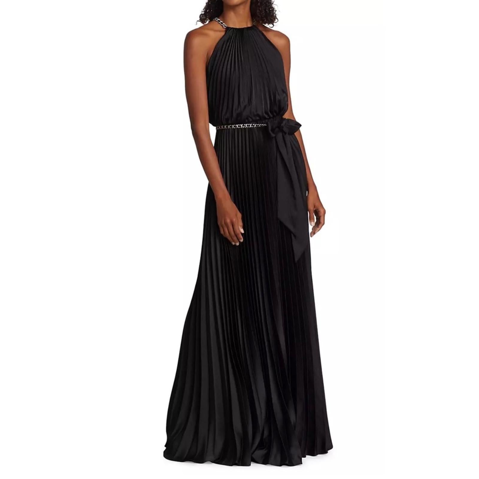 ML Monique Lhuillier Satin Chain-Link Belt Pleated Gown, Black Size 8 NWT $695