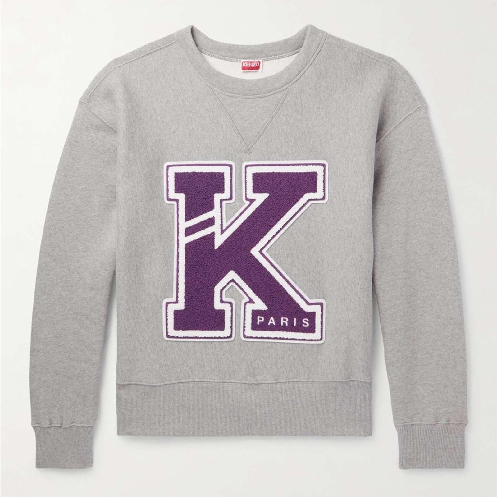 Kenzo Logo-Appliquéd Cotton-Jersey Sweatshirt in Pearl Gray, NWT, Size L