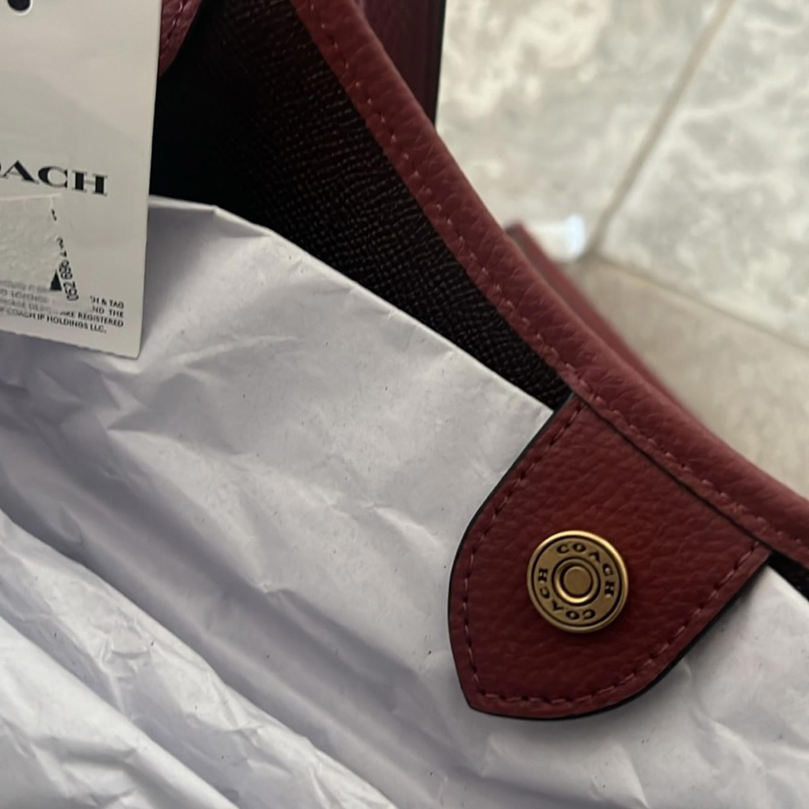 COACH Polished Pebble Leather Restored Day Tote in Brass/Brick Red, New +DustBag