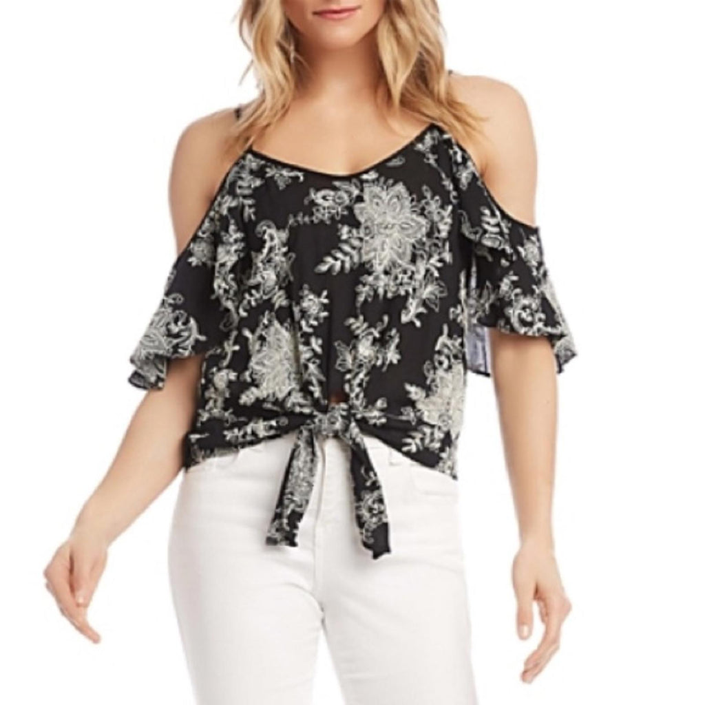 Karen Kane Casablanca Tie-Front Ruffle Sleeve Top, Black & White Size XS NWT