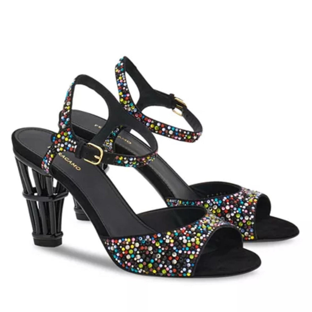 Ferragamo Nikla 85 Embellished High Heel Sandals in Black, NEW, Size 6 $1,350