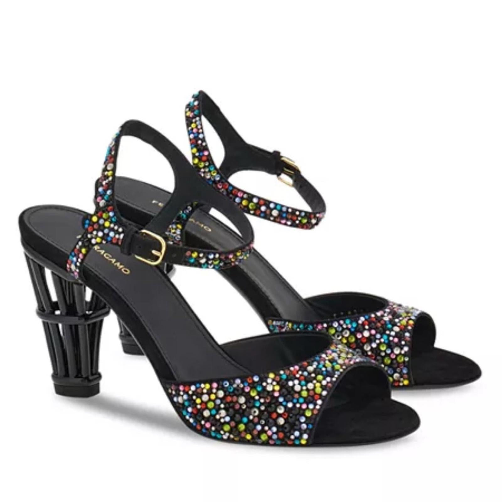Ferragamo Nikla 85 Embellished High Heel Sandals in Black, NEW, Size 6 $1,350