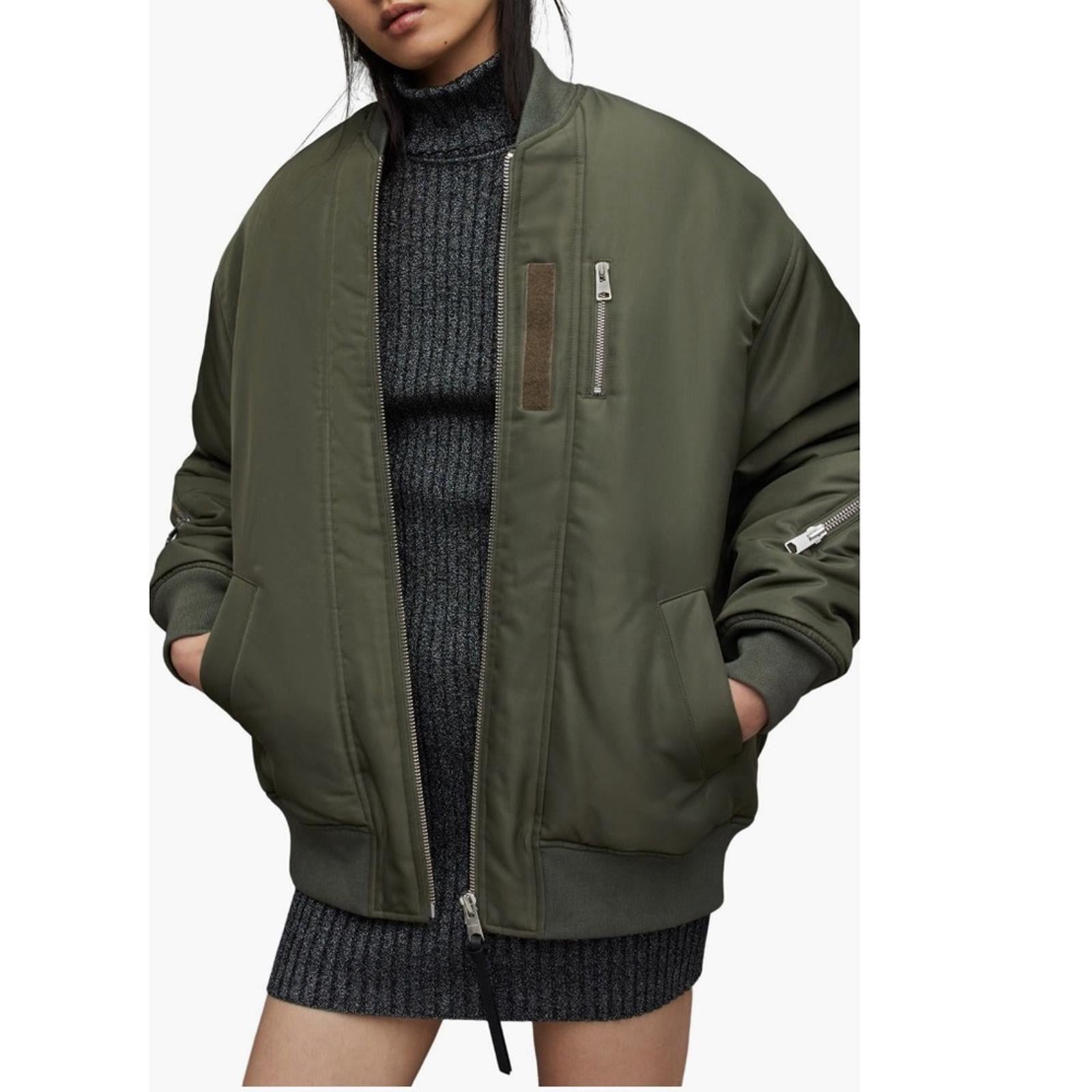 All Saints Scout Ruched Bomber Jacket in Khaki Green, Size L New w/Tag