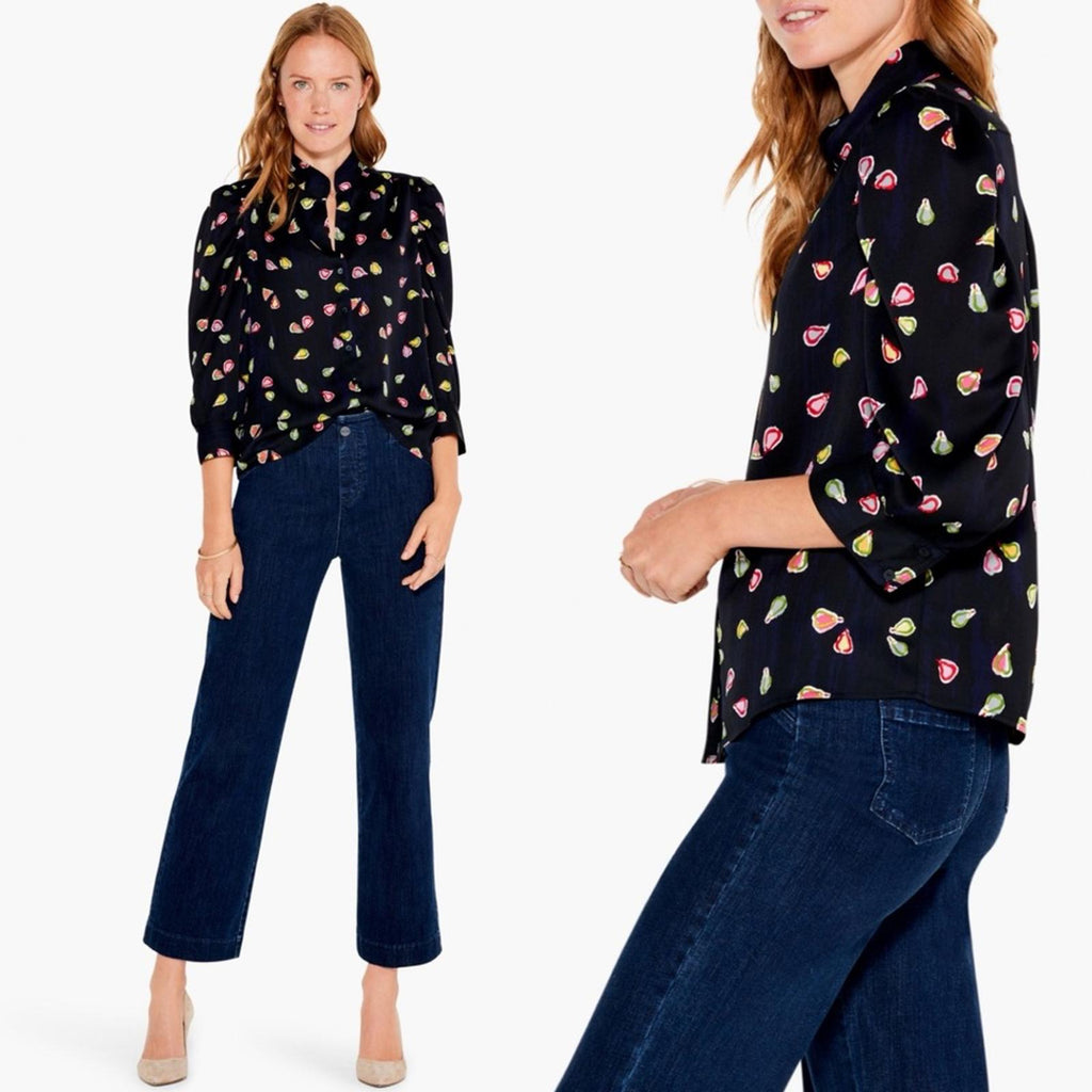 Nic+Zoe Party Pears Button Front Top, Black Mul Size S New w/Tag Retail $148