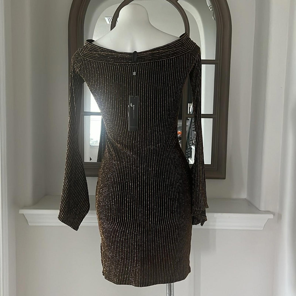 BCBGMaxazria Ellena Metallic Striped Off-the-Shoulder Dress, Size XS New w/Tag