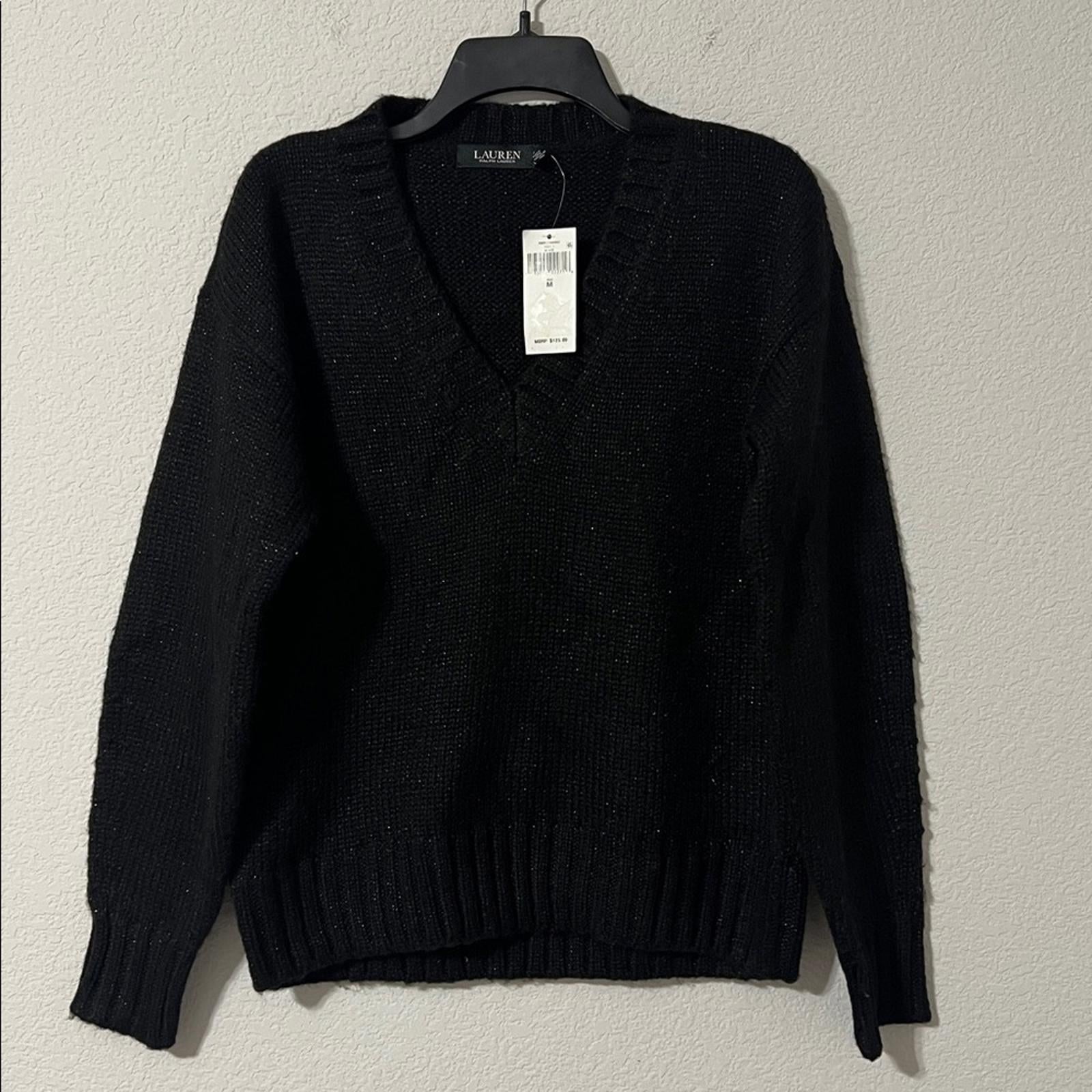 Lauren Ralph Lauren Metallic V-Neck Sweater in Black, Size M New w/Tag