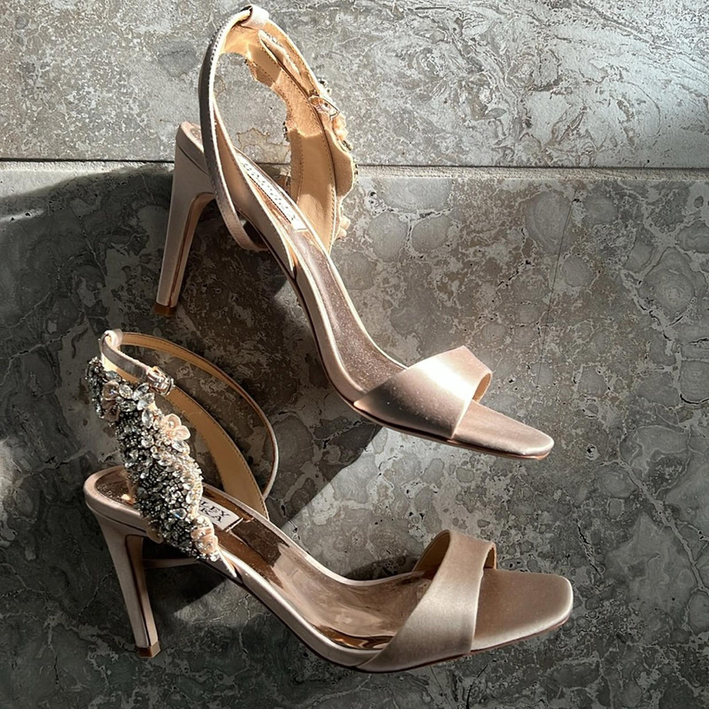 Badgley Mischka Tisha Embellished Heeled Sandals in Nude Satin, Size 8 NEW $245