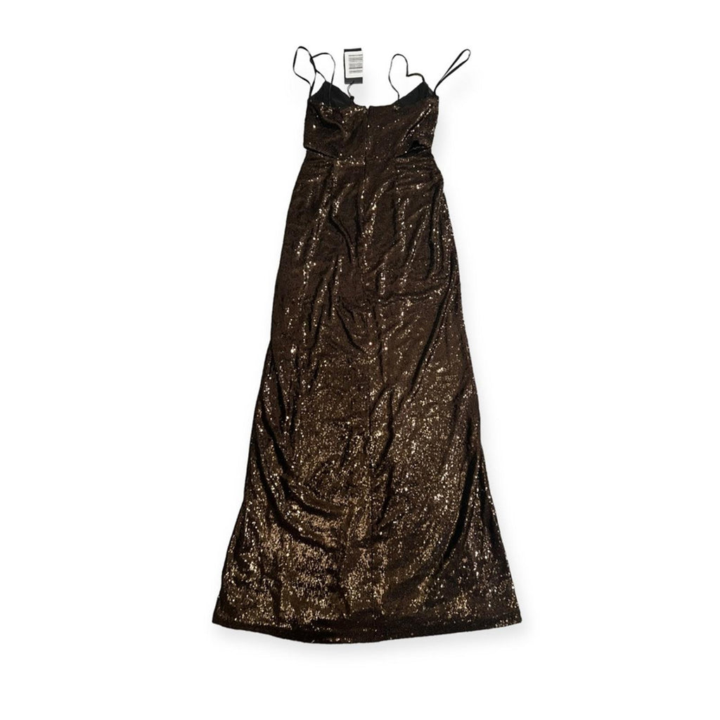 Halston Chloe Cutout Sequined Tulle Gown, Brown Size 4 New w/Tag Retail $595