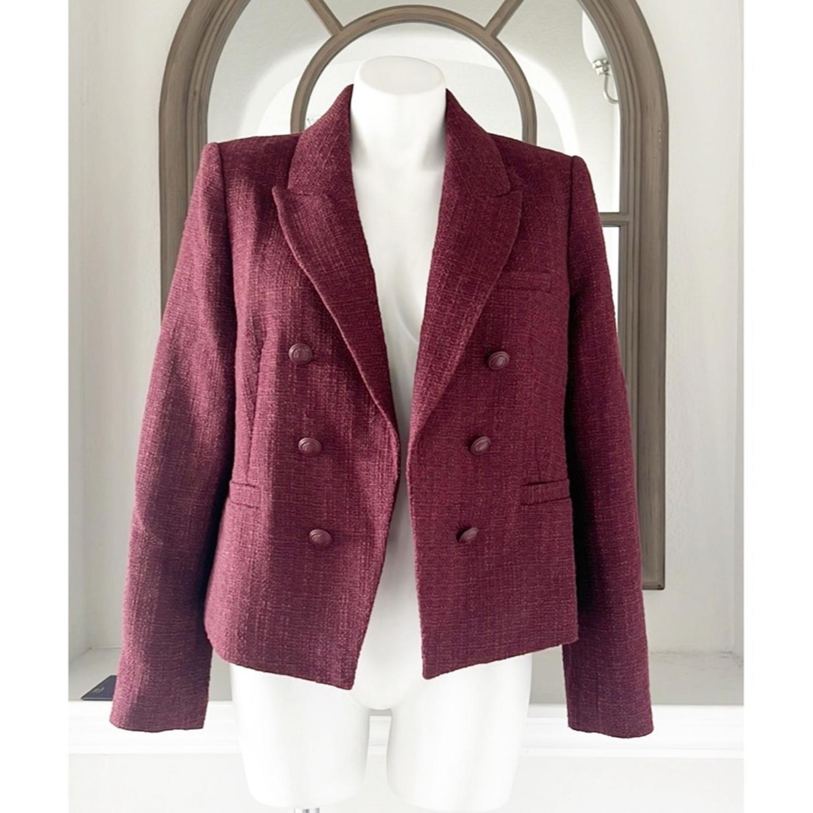 ELIE TAHARI Double Breasted Tweed Blazer in Burgundy, Size L Retail $495