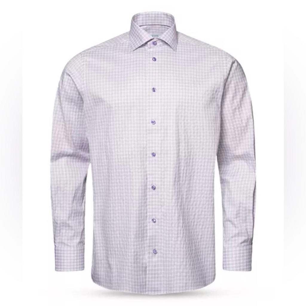 Eton Contemporary Fit Check Cotton Lyocell Shirt in Light Purple, Size 15.5, NEW