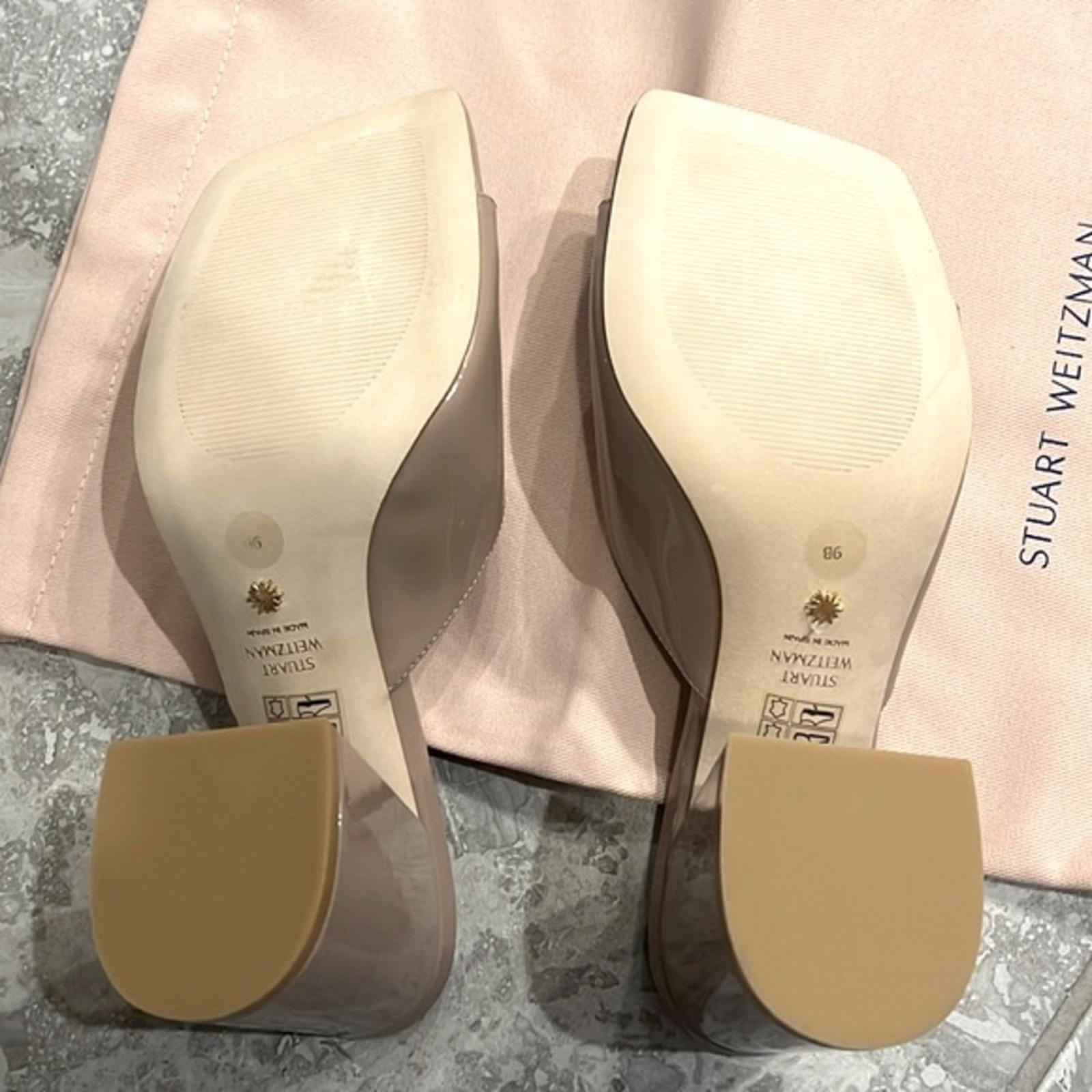Stuart Weitzman Tia 85 Flared Block Heel Sandals Fawn Patent Leather Size 9 NEW