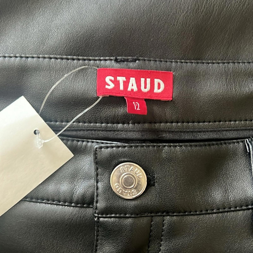 Staud Chisel Vegan Leather Straight-Leg Pants, Black High Waist Size 12 NEW $350