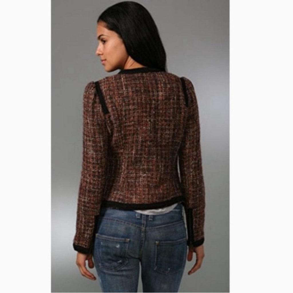 Free People Tweed Moto Jacket, Wool Brown/Purple w/Black Trim Size 4 Retail $198