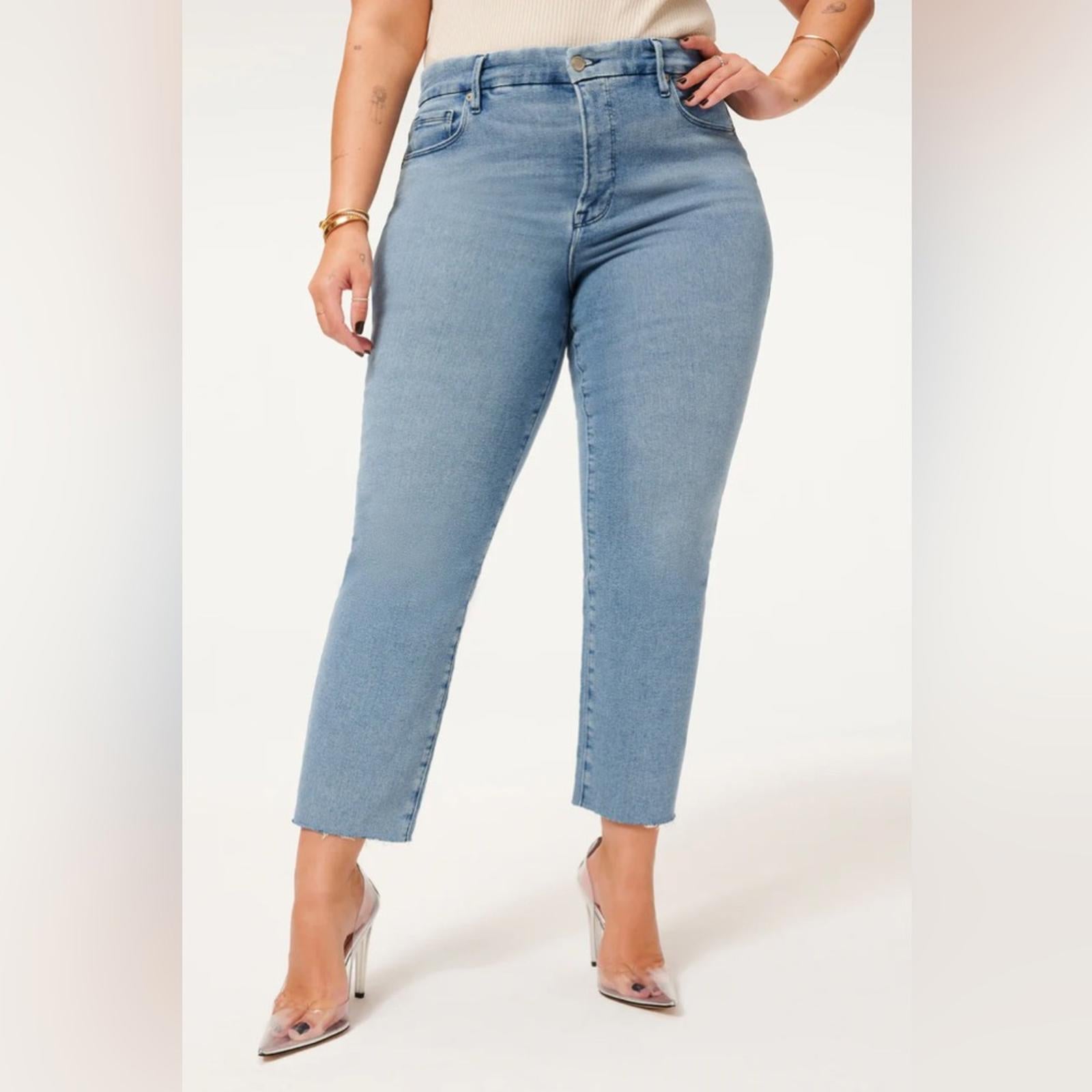 Good American Straight Leg Raw Hem Jeans, Blue Size 16 New w/Tag