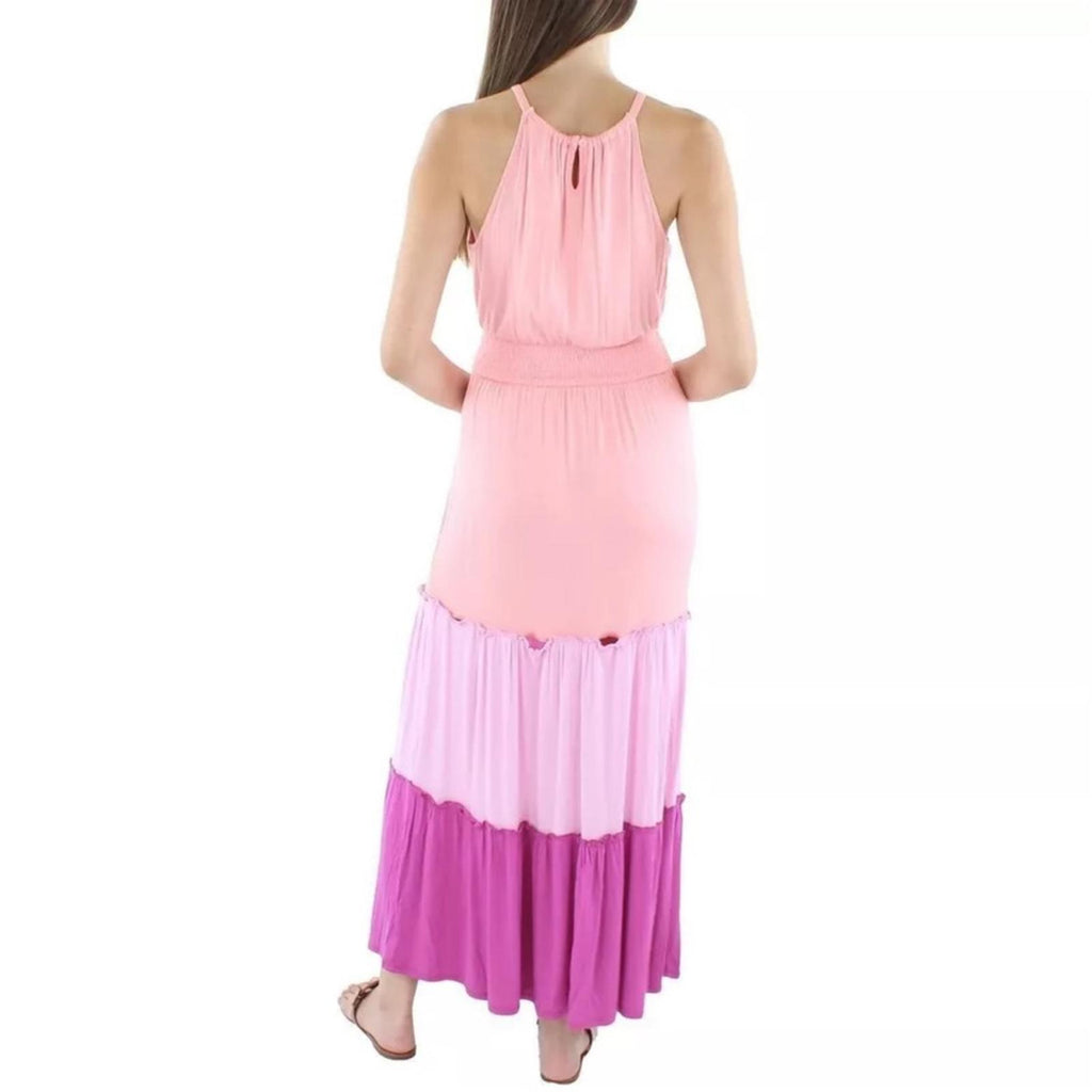 Adyson Parker Color Block Sleeveless Tiered Maxi Dress, Neon Peach Combo NWT