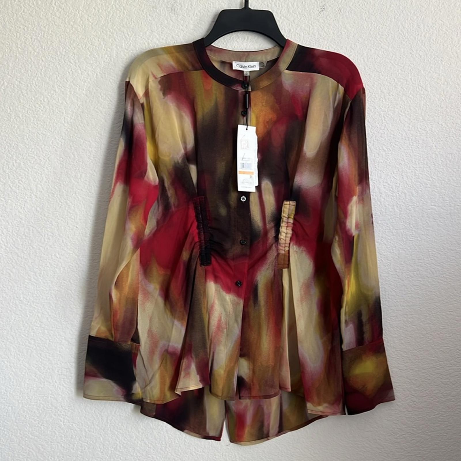 Calvin Klein Beige Ruched Waist Printed Tunic Button-Up Top, NWT, Size S