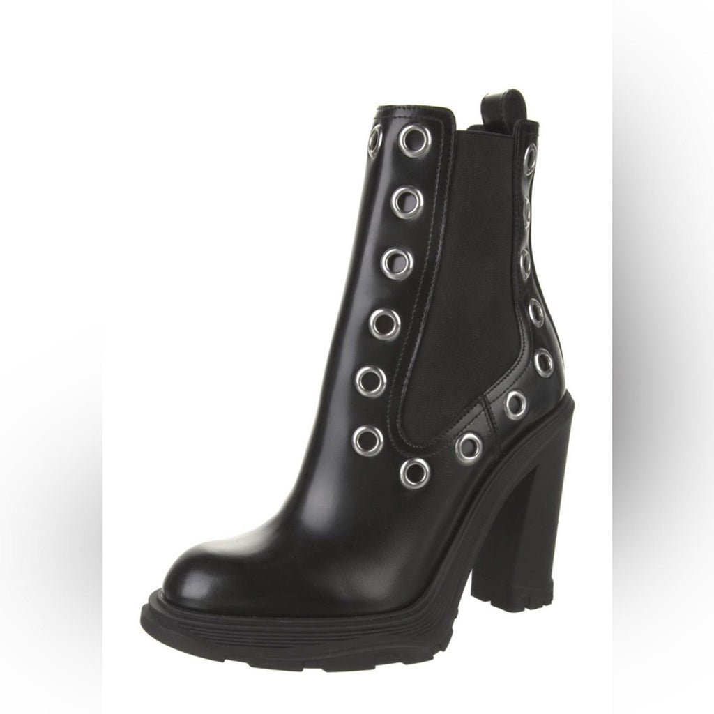 Alexander McQueen Tread Grommet Embellished Black Boots, Size 39.5, Retail $1290