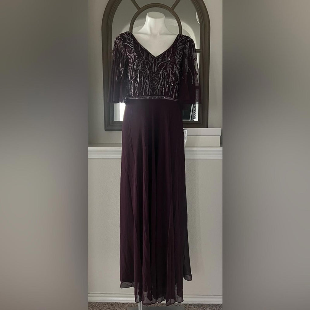 JKara Flutter Sleeve V-Neck Full-Length Dress, Burgundy Size 12 New w/Tag $319