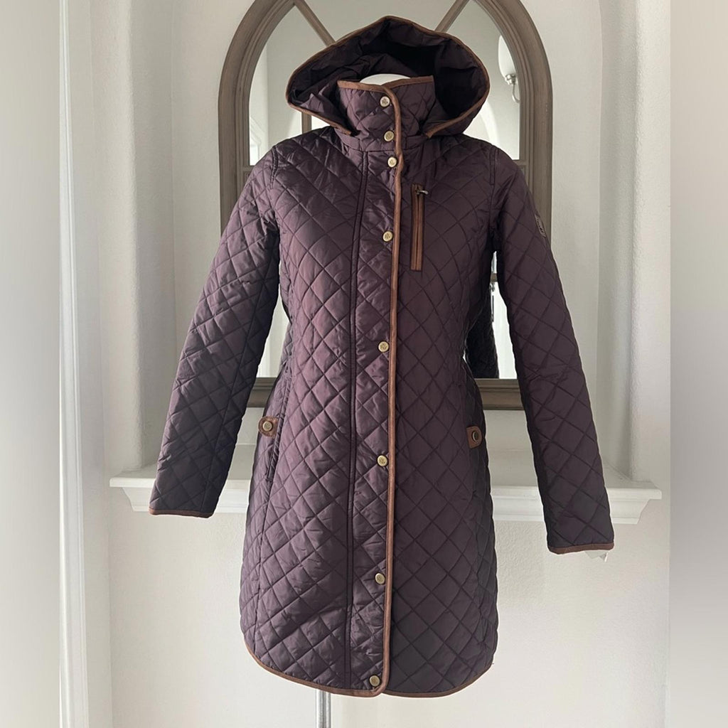 Lauren Ralph Lauren Faux-Leather-Trim Hooded Quilted Coat, Size S New w/Tag