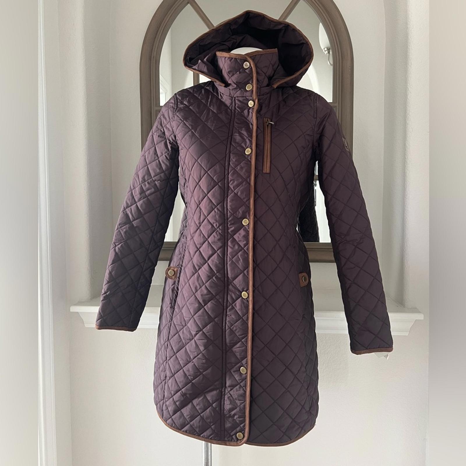Lauren Ralph Lauren Faux-Leather-Trim Hooded Quilted Coat, Size S New w/Tag