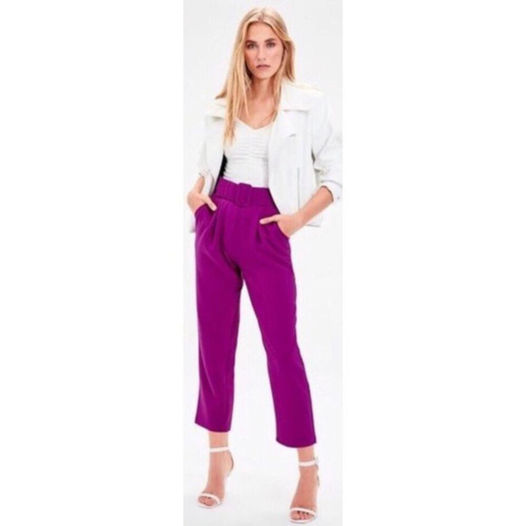 June & Hudson Belted Paper Bag High-Waisted Pants in Fuschia, Size L EXCELLENT