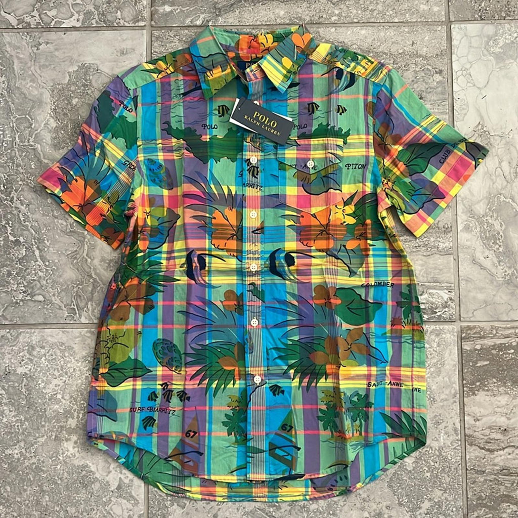 Polo by Ralph Lauren Tropical-Print Cotton Madras Shirt, Size L(14-16) NEW w/Tag