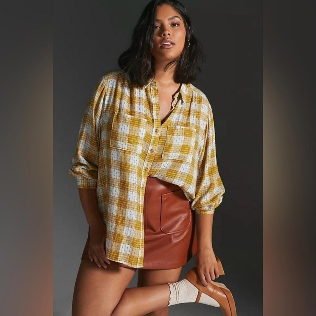 NEW Anthropologie’s Pilcro Yellow Motif Mustard Plaid Stitched Shirt Size XXS