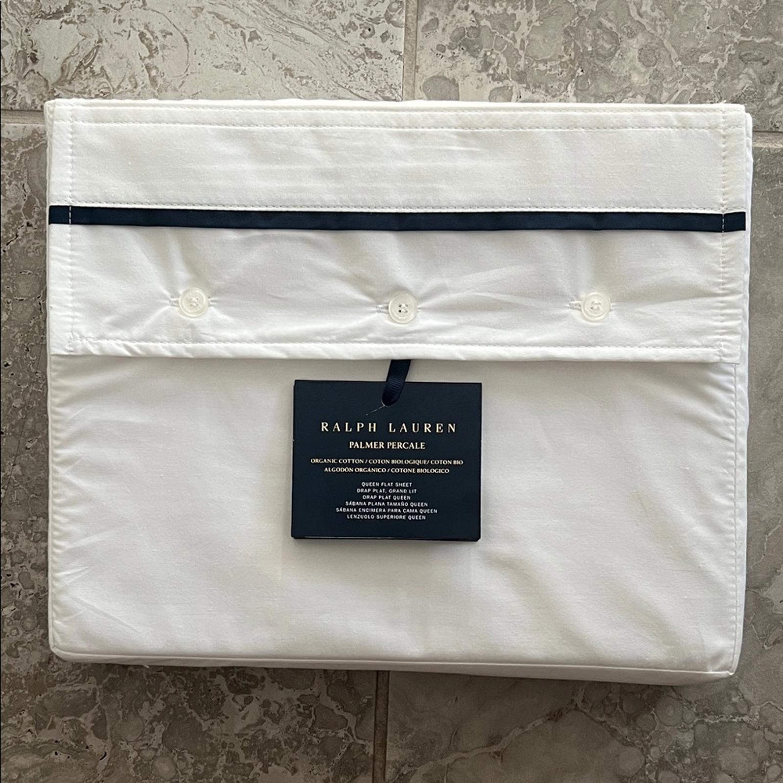 Ralph Lauren Home Organic Cotton Percale Palmer Queen Flat Sheet, Polo Navy, NEW