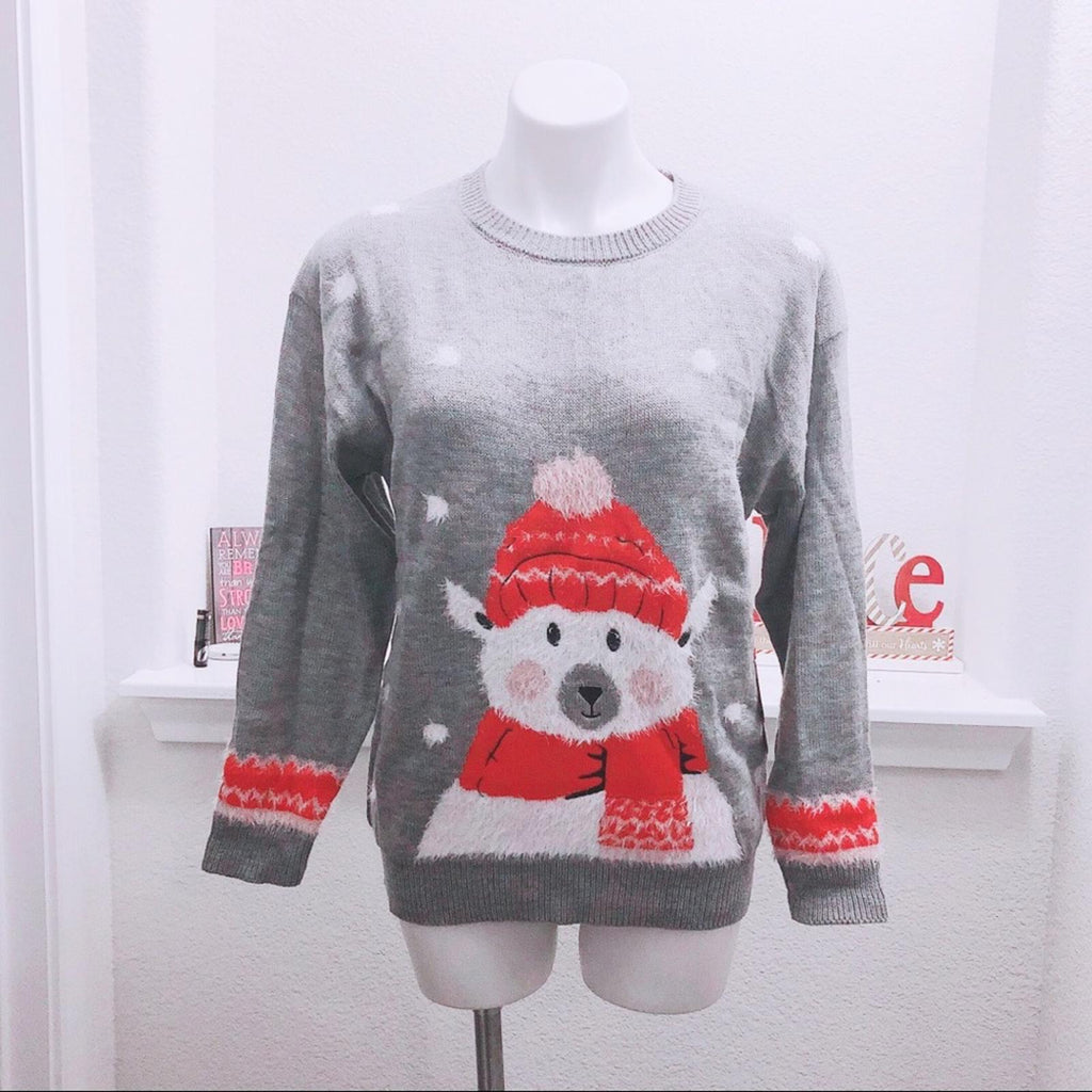 POOF New York Holiday Polar Bear Crewneck Sweater in Grey, NWT, Size M