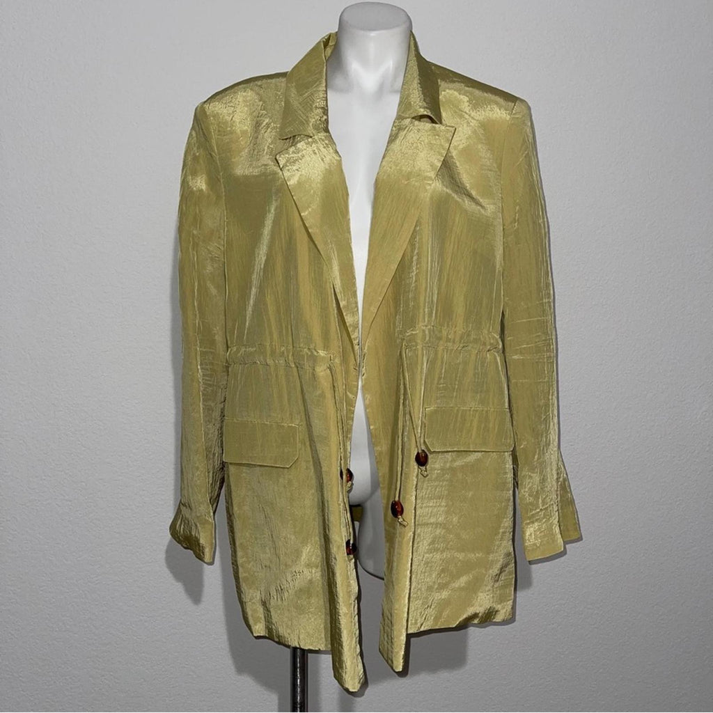Ganni Bead-Embellished Crinkled Shell Shiny Blazer, Leek Green, Size 46 New wTag