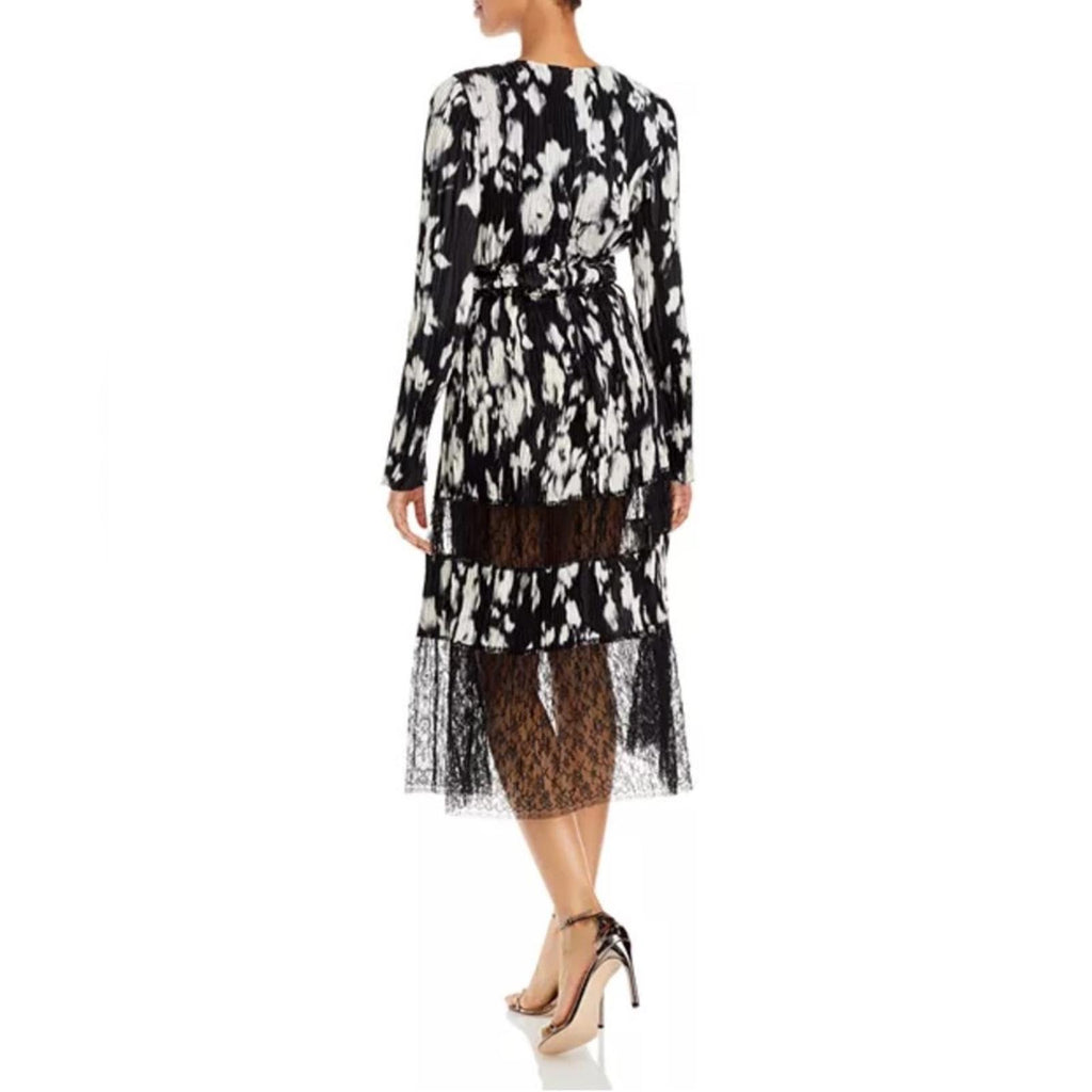 Jason Wu Collection Lace-Paneled Floral Plissé Silk-Satin Midi Dress, NWT, Size4