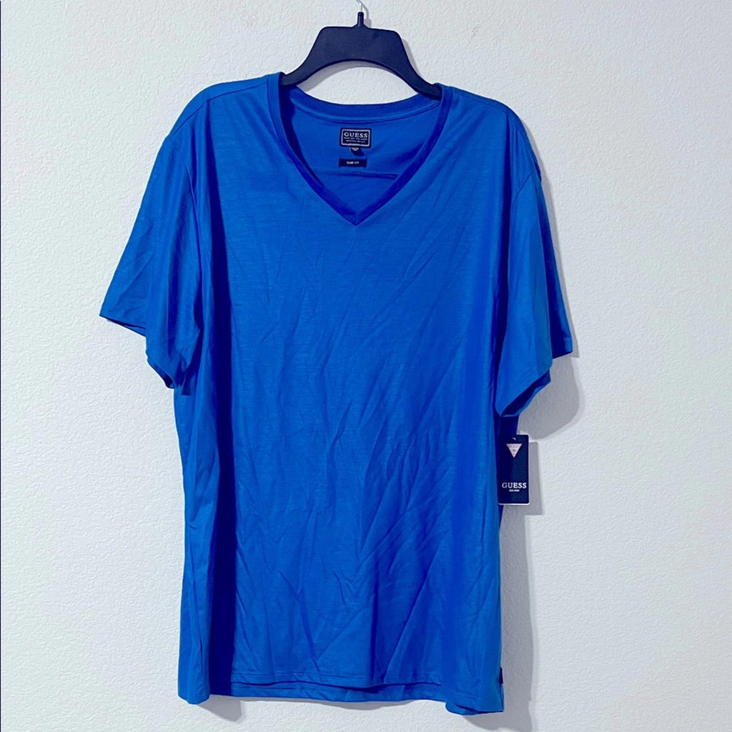 Guess Men's Mason Yoke V-Neck T-Shirt in Bright Zaffre/ Blue, Size XXL, NEW