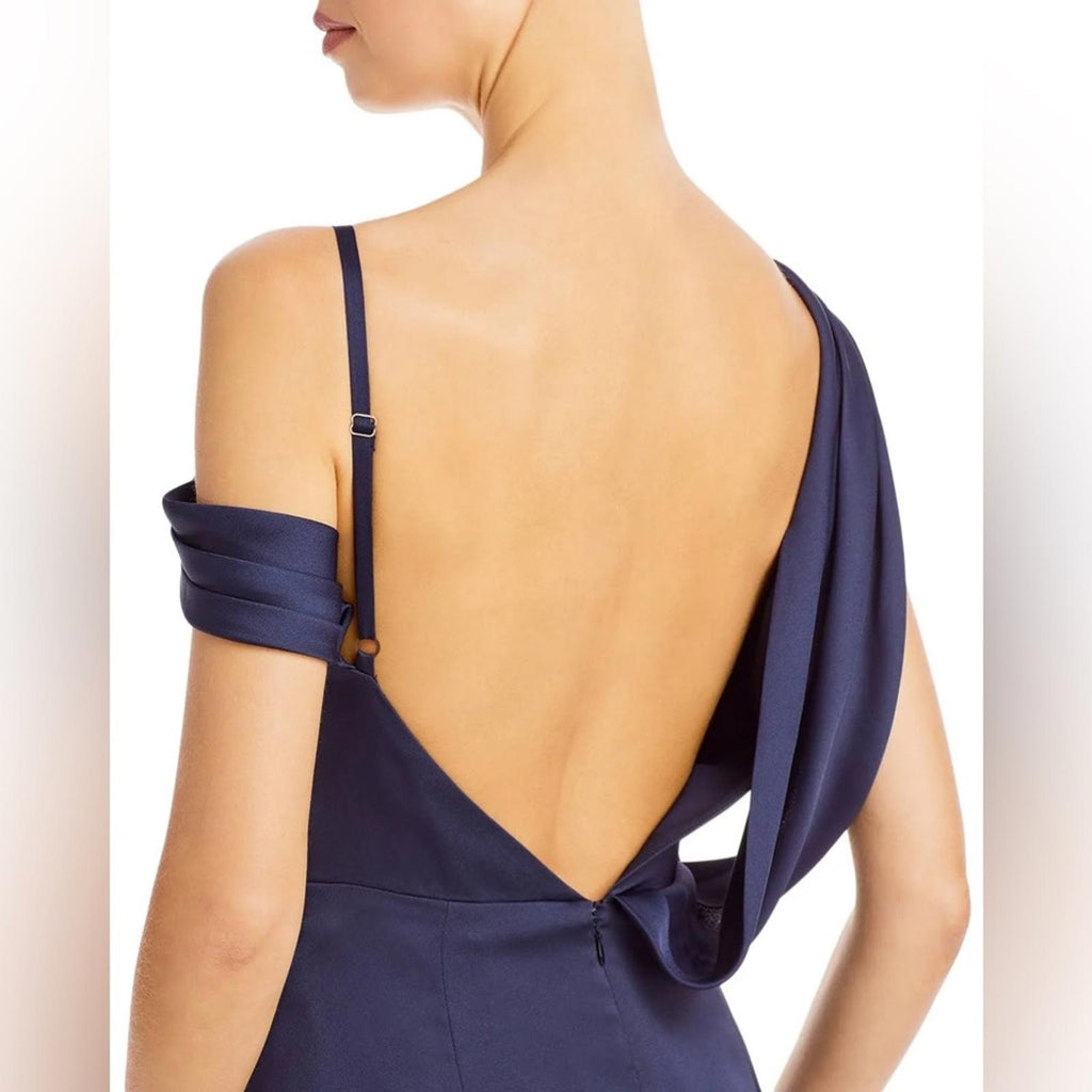 Aqua Asymmetrical Neckline Full-Length Evening Gown in Dark Navy Size 2 NWT $368