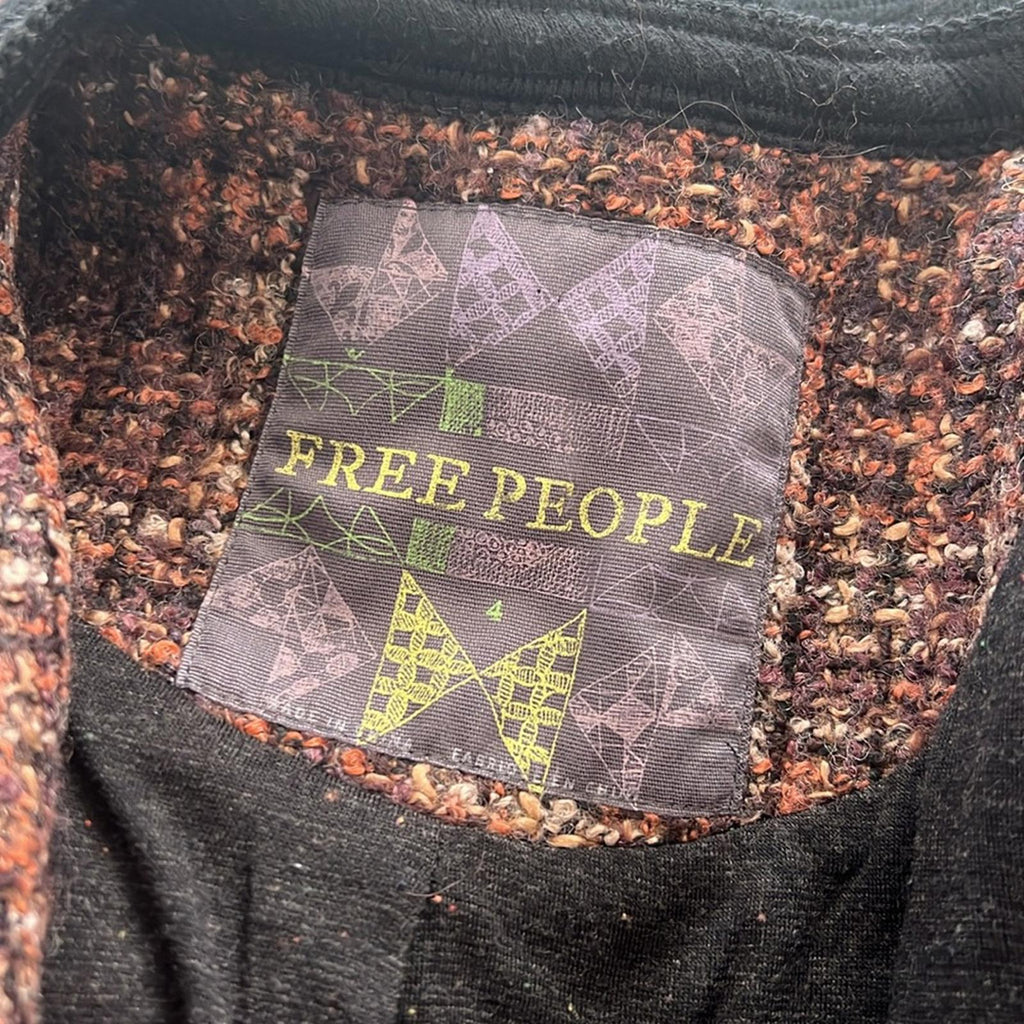 Free People Tweed Moto Jacket, Wool Brown/Purple w/Black Trim Size 4 Retail $198