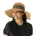 Nine West Wide Leopard Print Tie-Trim Packable Panama Hat, New w/Tag Retail $38