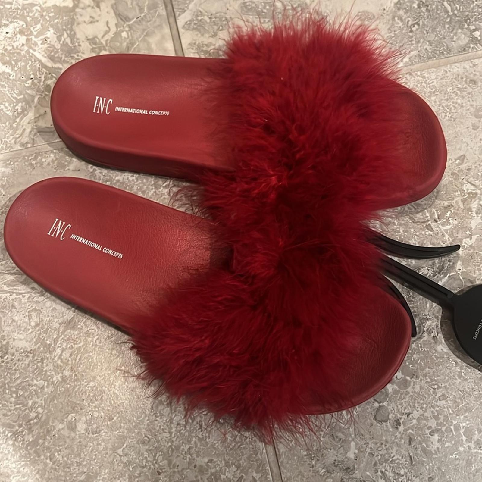 INC Faux-Marabou Slide Slippers in Red, Size XL 11/12 New w/Tag
