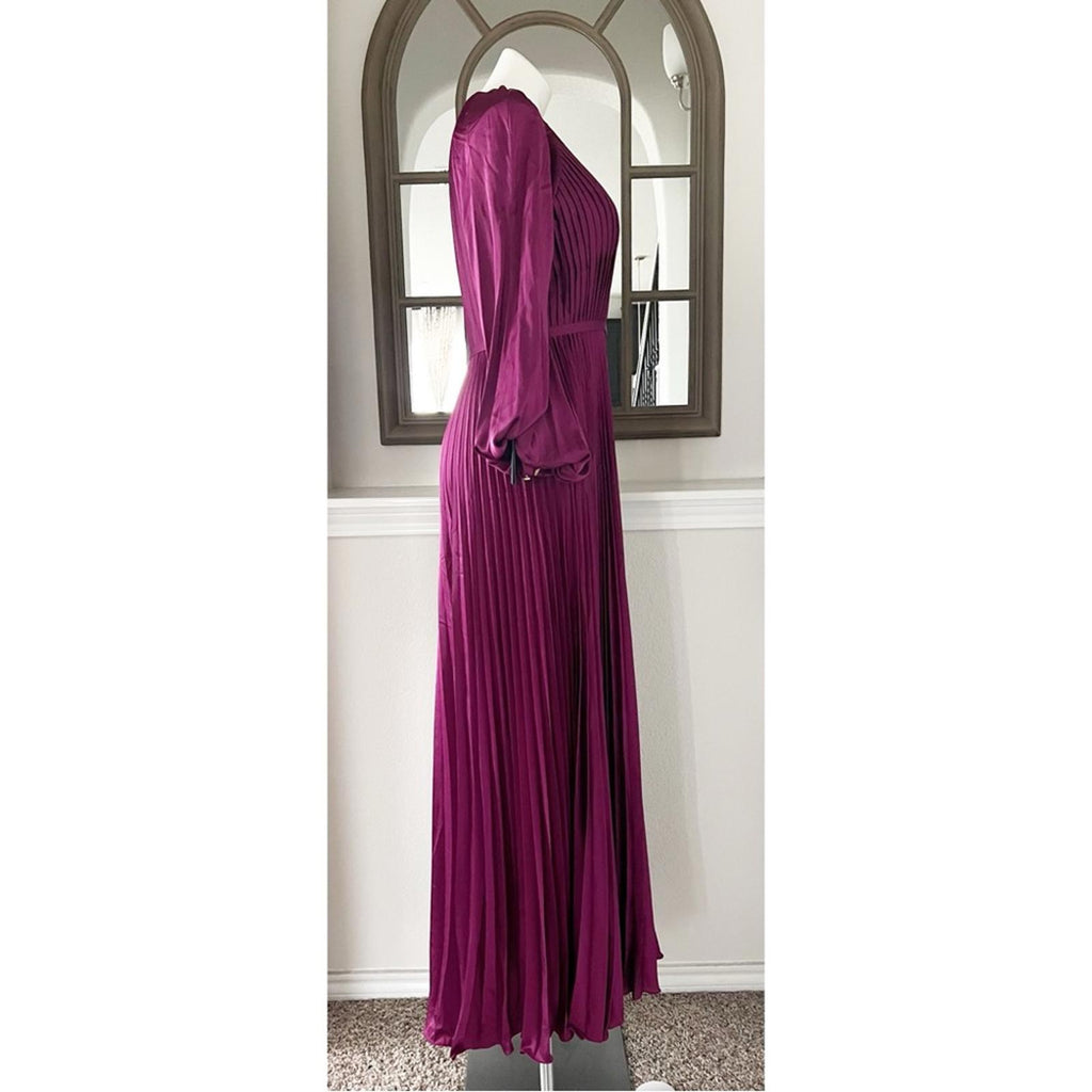 Mac Duggal IEENA Pleated Long Sleeve Satin Gown, Purple Size 8 New w/Tag $498