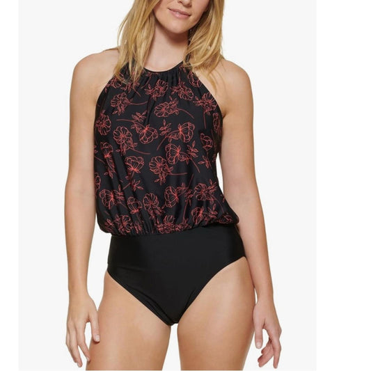 Calvin Klein High Neck Halter Blouson in Black/Red, Size 10 NEW w/Tag $118