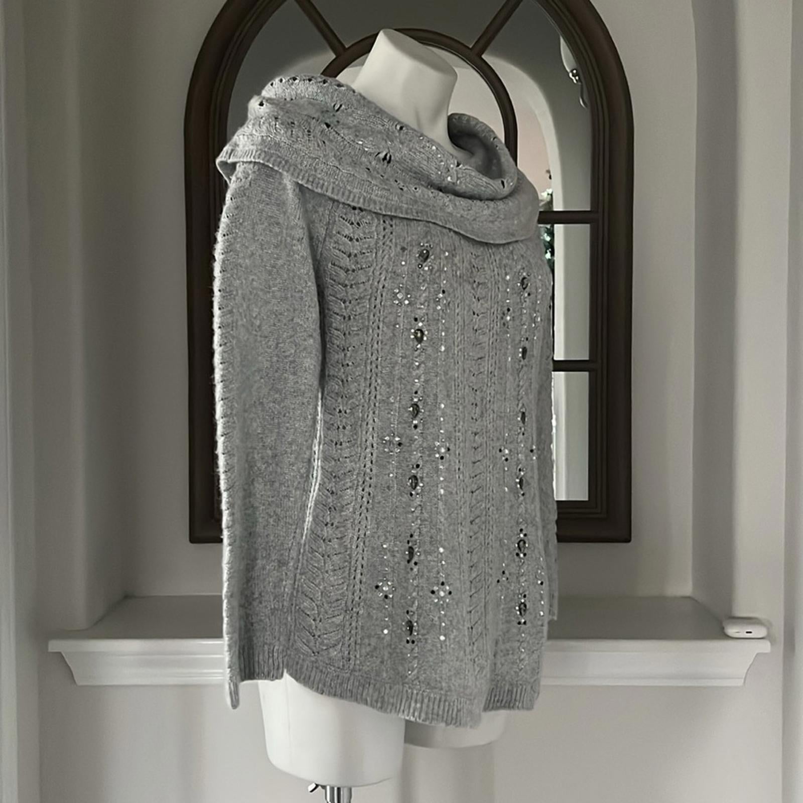 WHBM Embellished Cowl Neck Pullover in Heather Grey, Size L EXCELLENT!