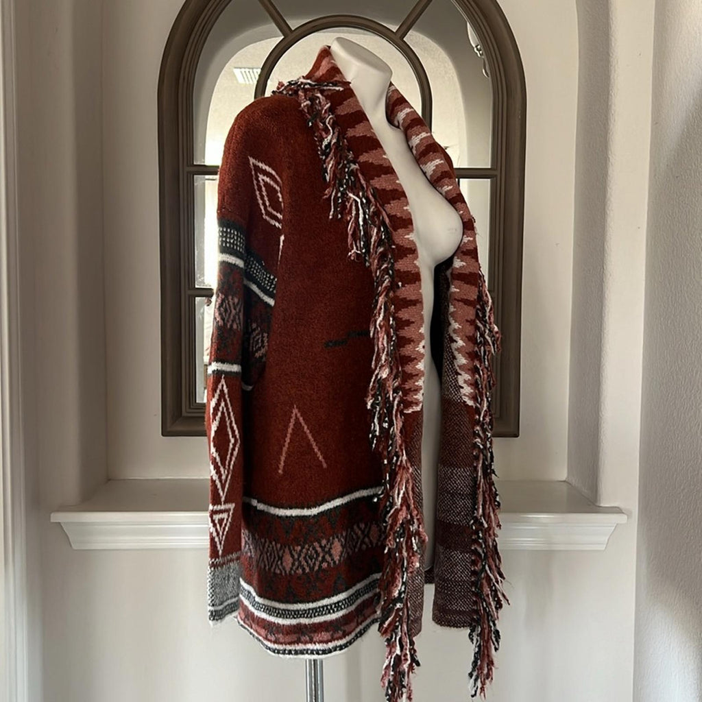Doe & Rae Aztec Open Front Fringe Cardigan Sweater Brown Multi Size L EXCELLENT!