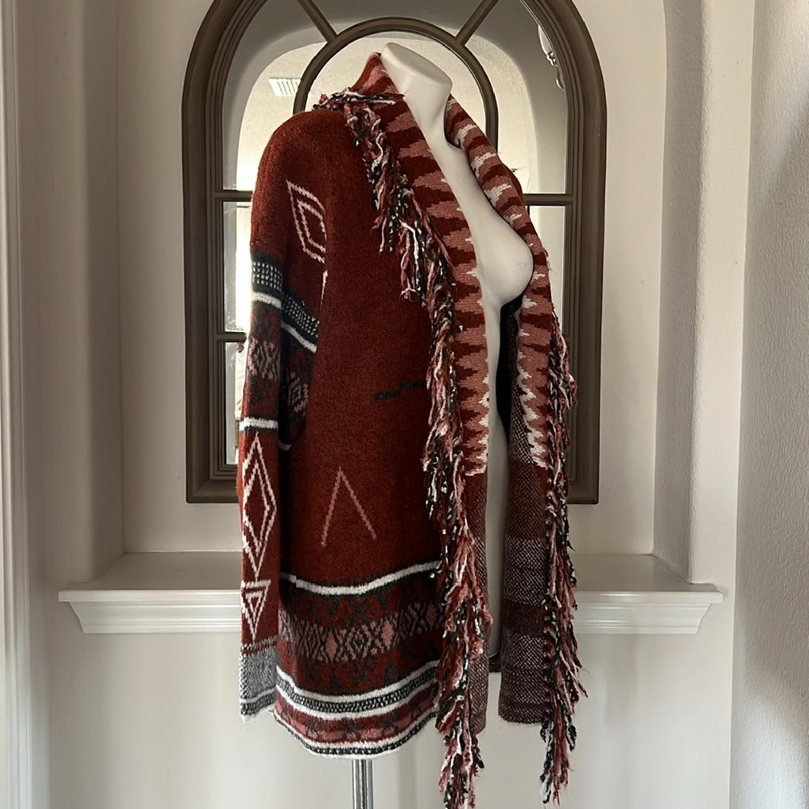Doe & Rae Aztec Open Front Fringe Cardigan Sweater Brown Multi Size L EXCELLENT!