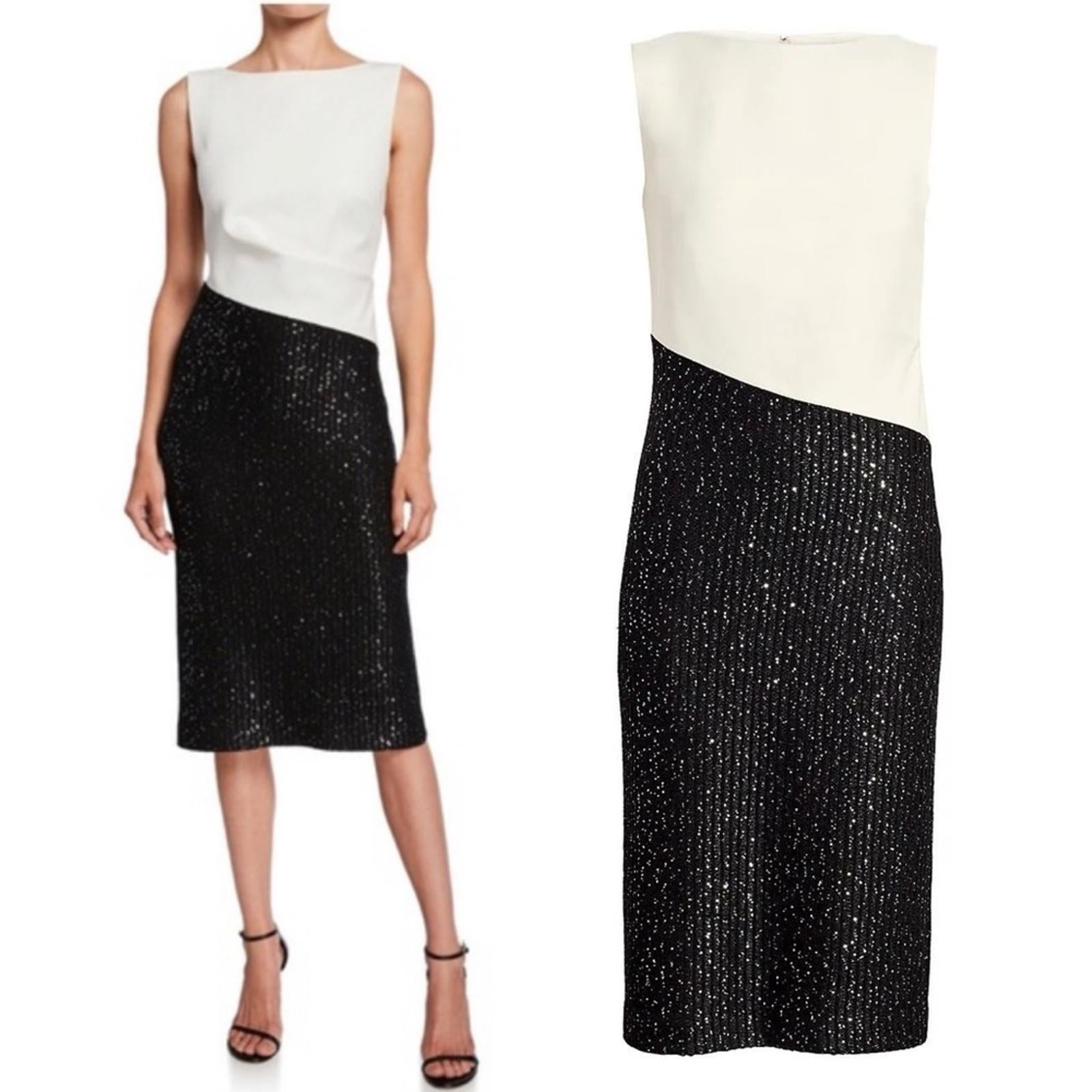 St. John Colorblock Tuxedo Bodice Dress w/Sequin Ribbed Knit, Size 10 NWT $1395