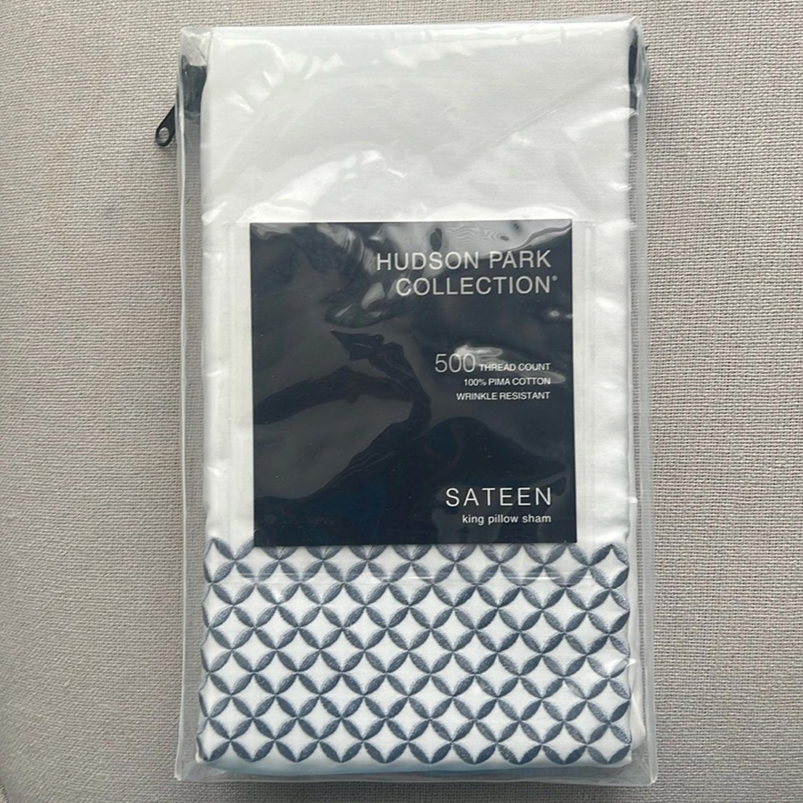 Hudson Park Collection Embroidered Geo King Sham 500 Thread Count, White/Blue